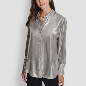 DKNY Petite ClassicFit Button Front Long-Sleeve Blouse
Sz PM Color Metallic Zinc